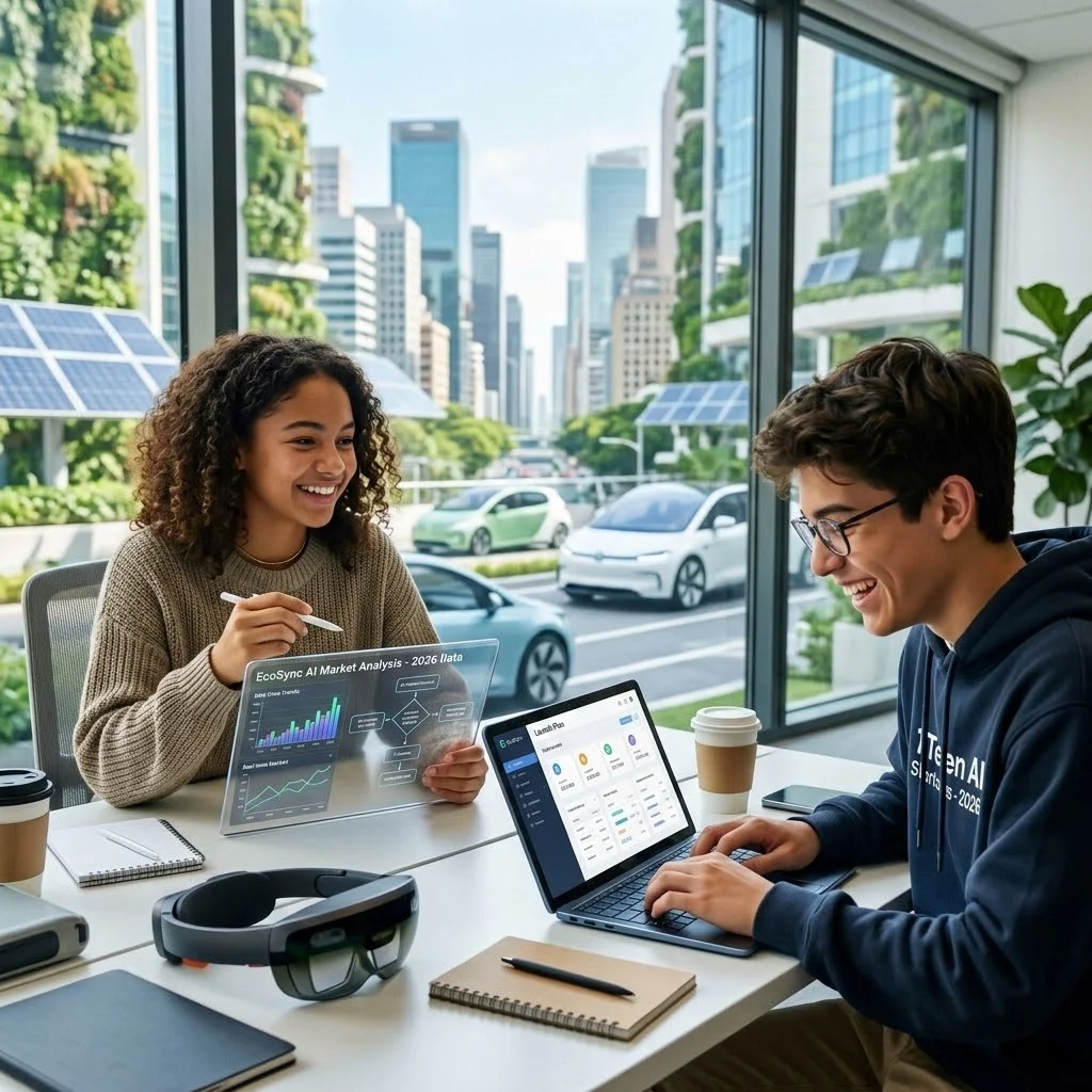 Teenager working on AI business ideas on a laptop at their desk, representing no-code entrepreneurship in 2026