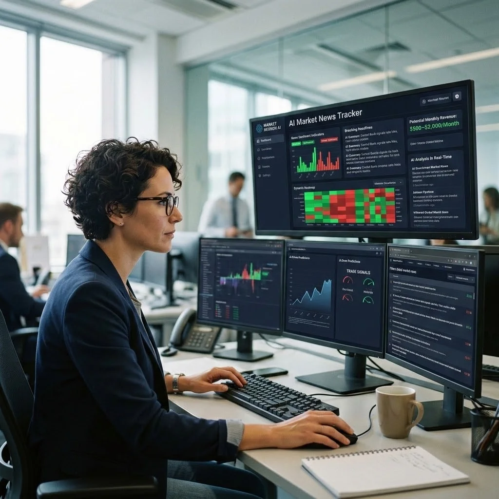 Dashboard interface of an AI market news tracker showing filtered crypto and stock updates