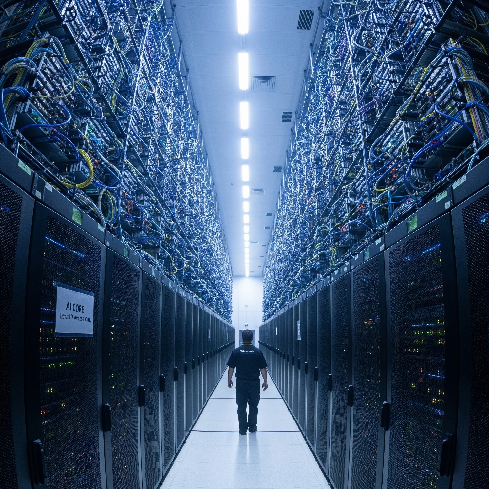 AI data center infrastructure showing massive server facilities and electrical equipment