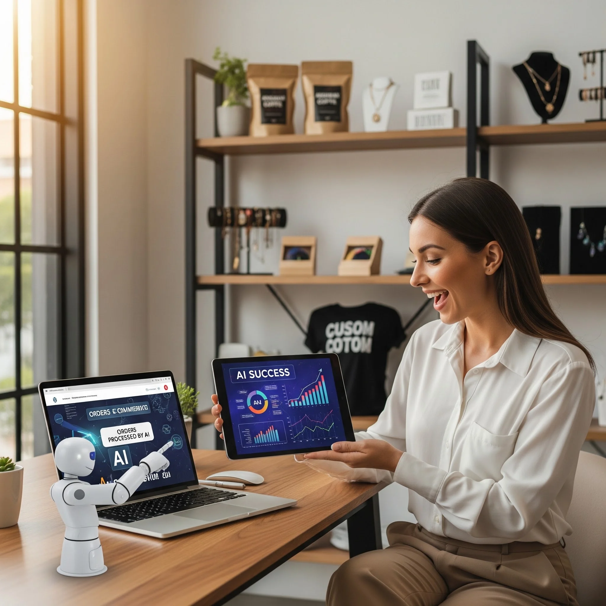 Small business owner using AI tools for marketing, legal, and financial tasks, showing how AI empowers solo entrepreneurs