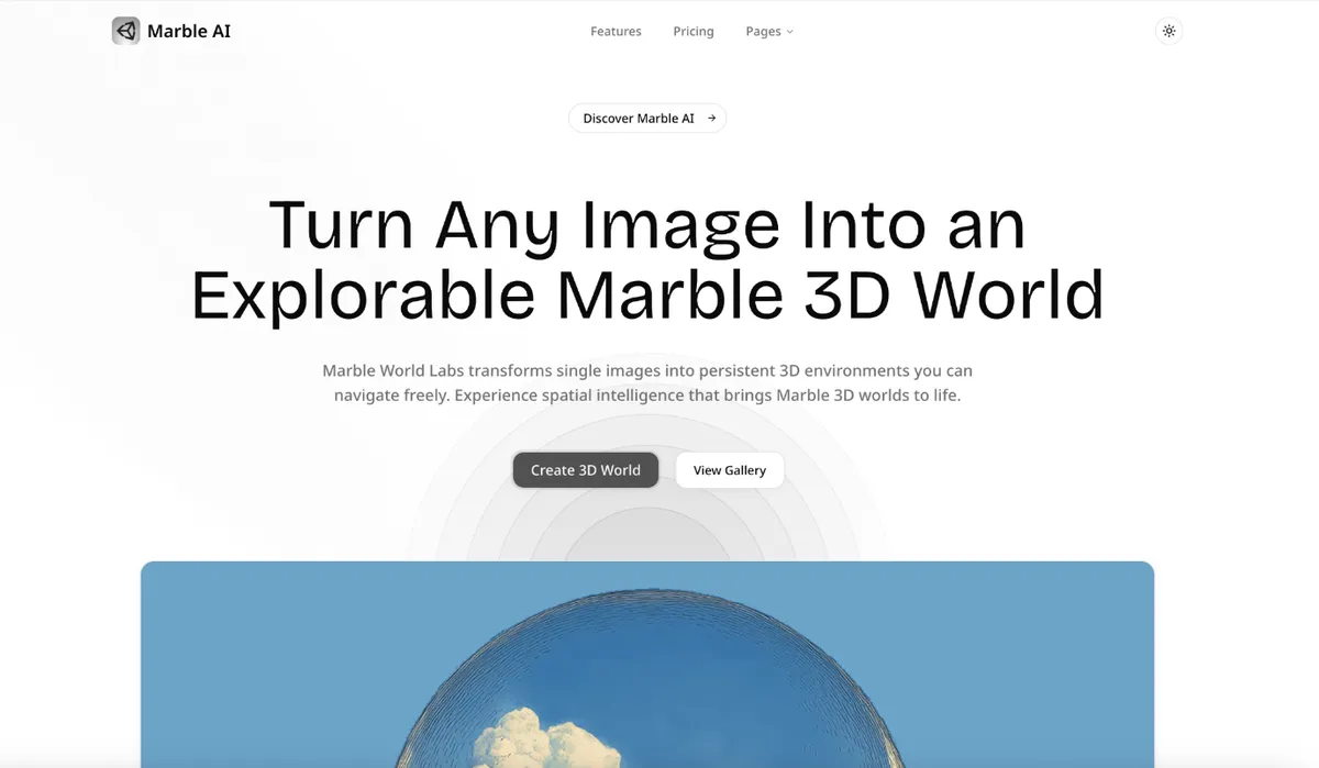 Marble AI 3D world generator showing a user exploring a generated environment