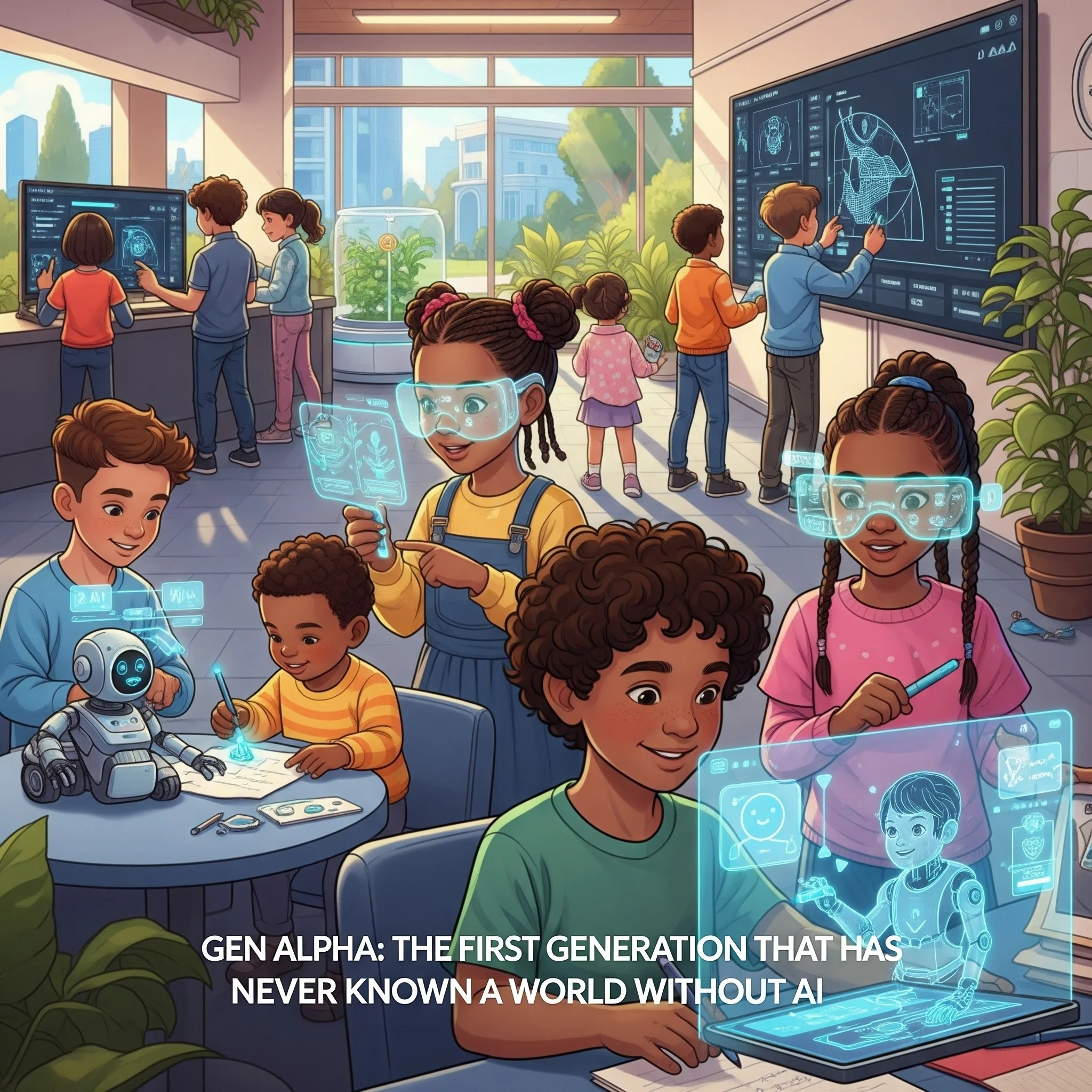 Generation Alpha children interacting with AI technology, representing the first AI-native generation