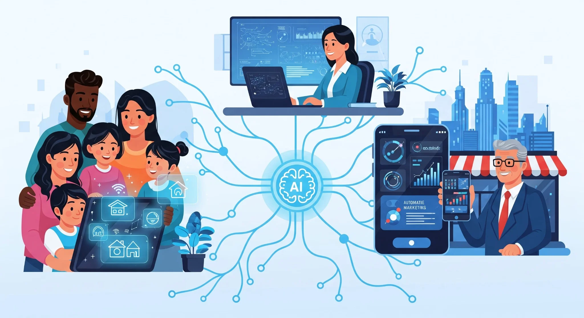 Parents and children using AI devices at home, illustrating the real-world impact of AI policy on families