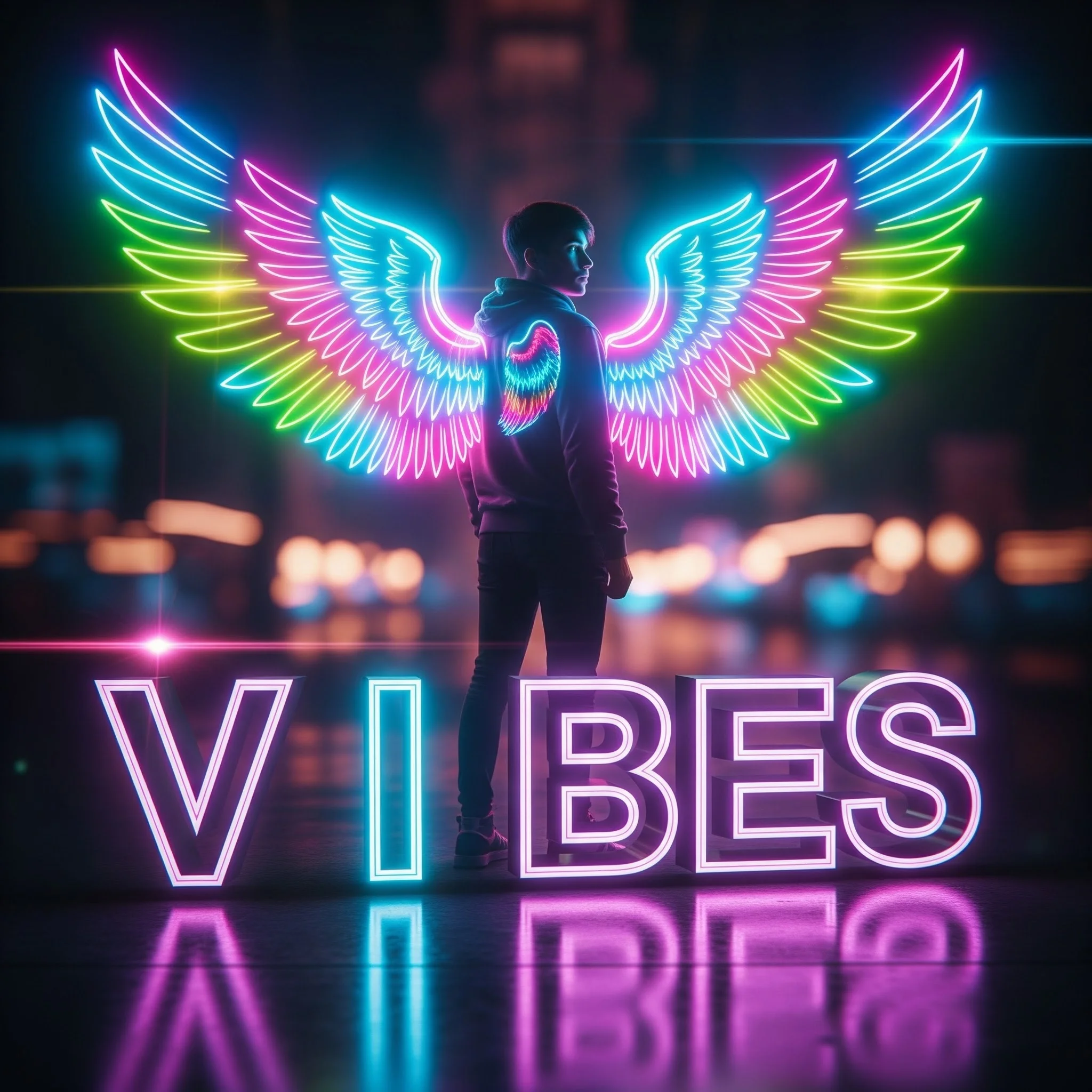 Dynamic, highly edited photo showing neon wings and glowing 3D text, typical of viral social media AI editing tutorials
